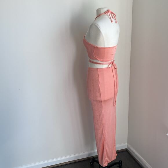 2 Piece Coral Skirt Set Womens Sz Small Stretch Summer Party Cocktail Rooftop - Picture 5 of 7